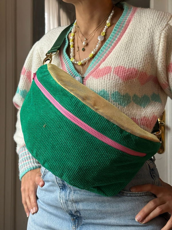 XXL Green Corduroy and Gold Leather BySoBumBag