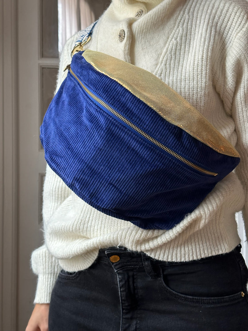 NEW  | XXL Dark Blue Corduroy and Gold Leather BySoBumBag