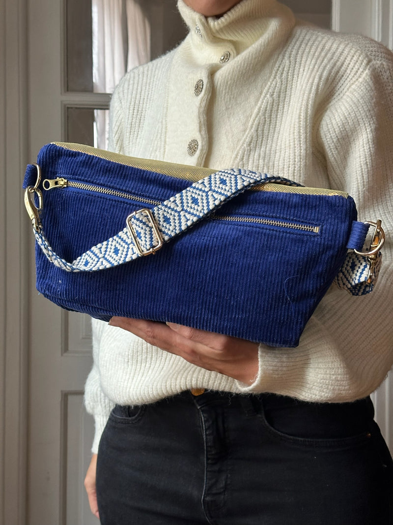 NEW  | XXL Dark Blue Corduroy and Gold Leather BySoBumBag