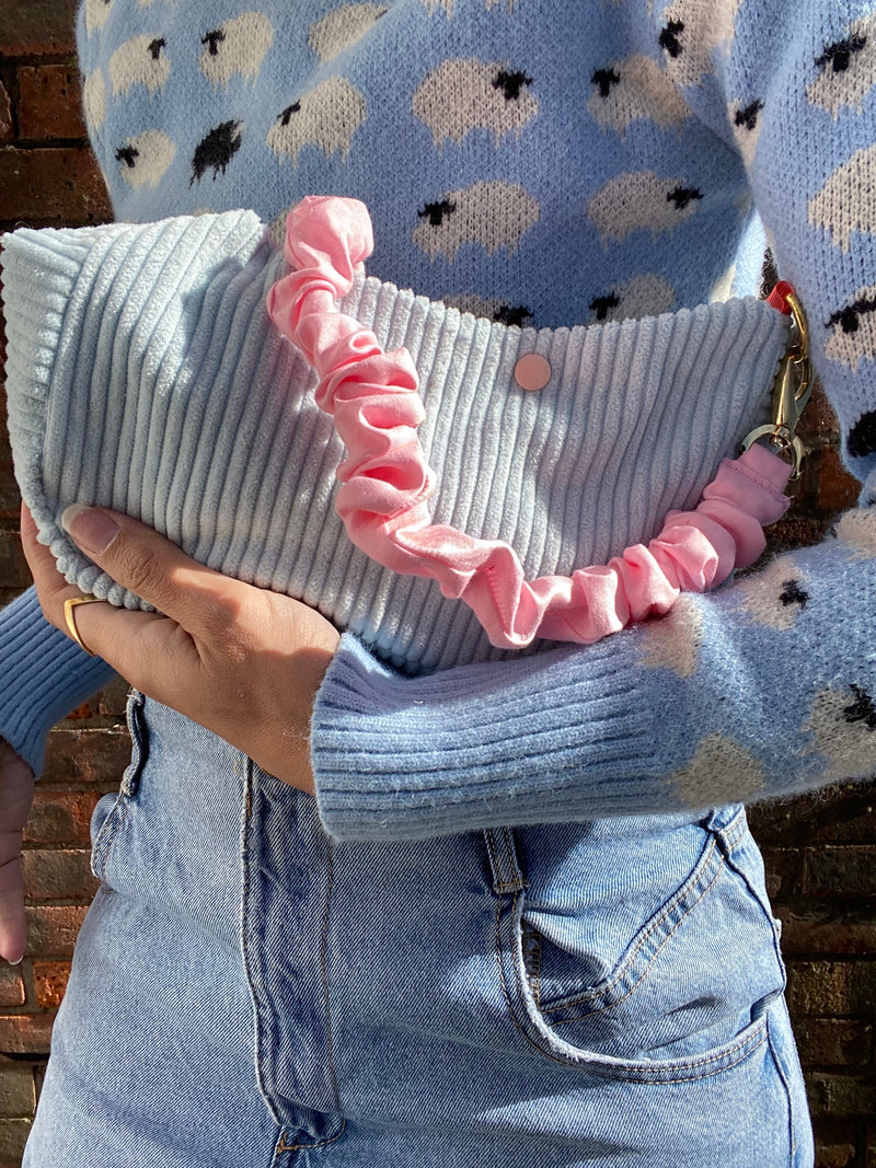 ***Upcycled*** Baby Blue and pink Baguette Bag